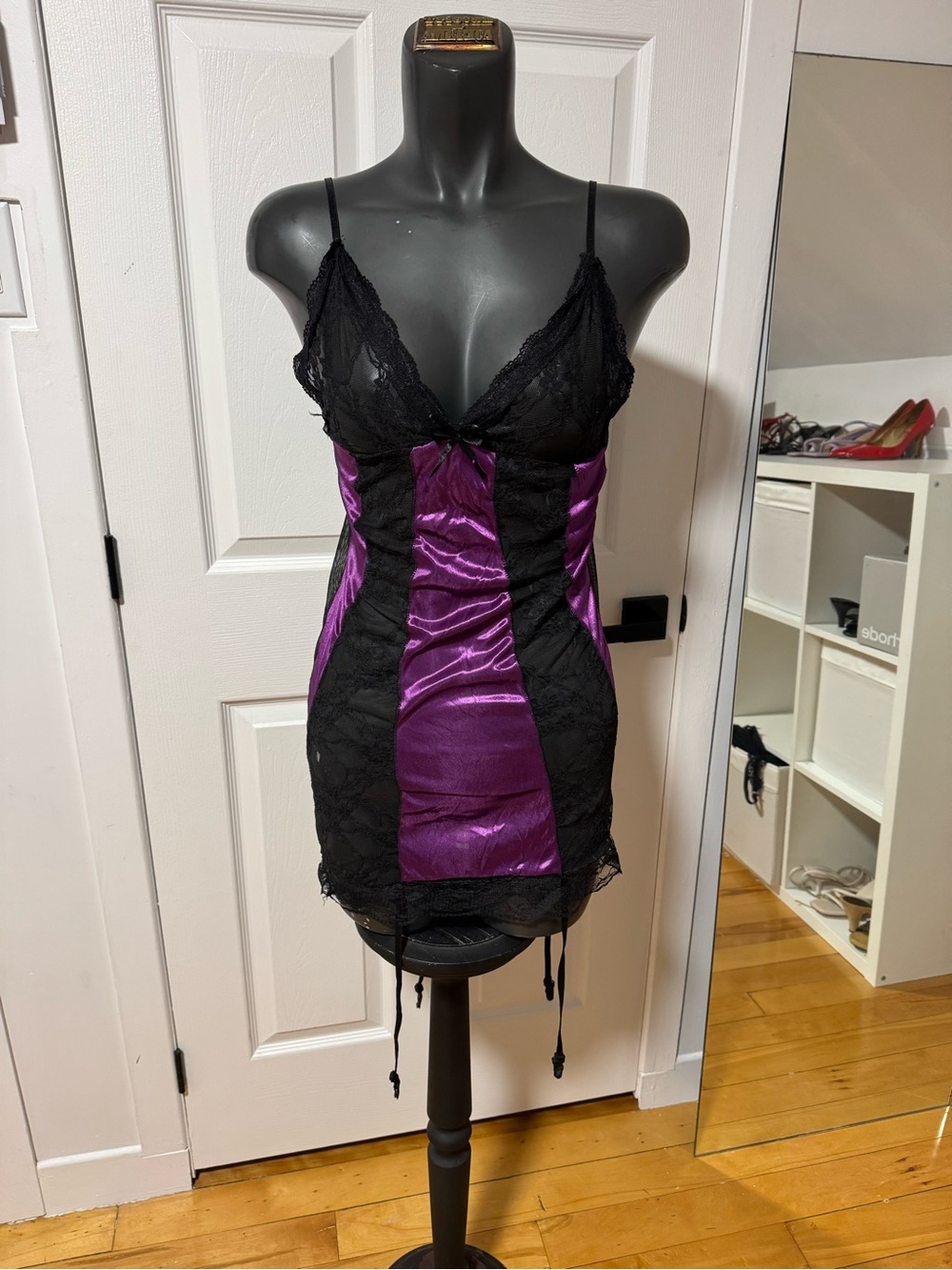 Purple & Black Lace Satin Chemise Slip